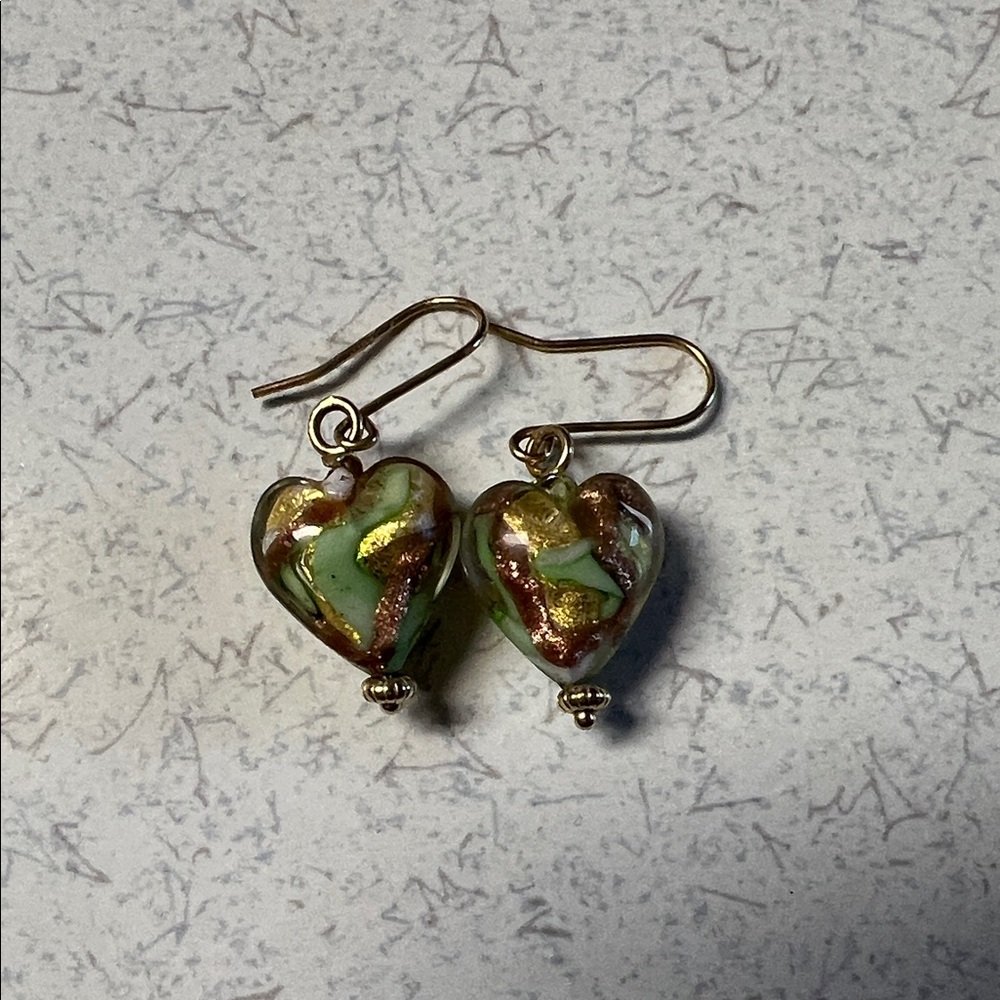 Elegant Heart-Shaped Green and Gold Venetian Glass Earrings